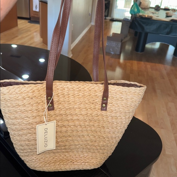 Natural Straw Tote with Brown Handles - Picture 2 of 5